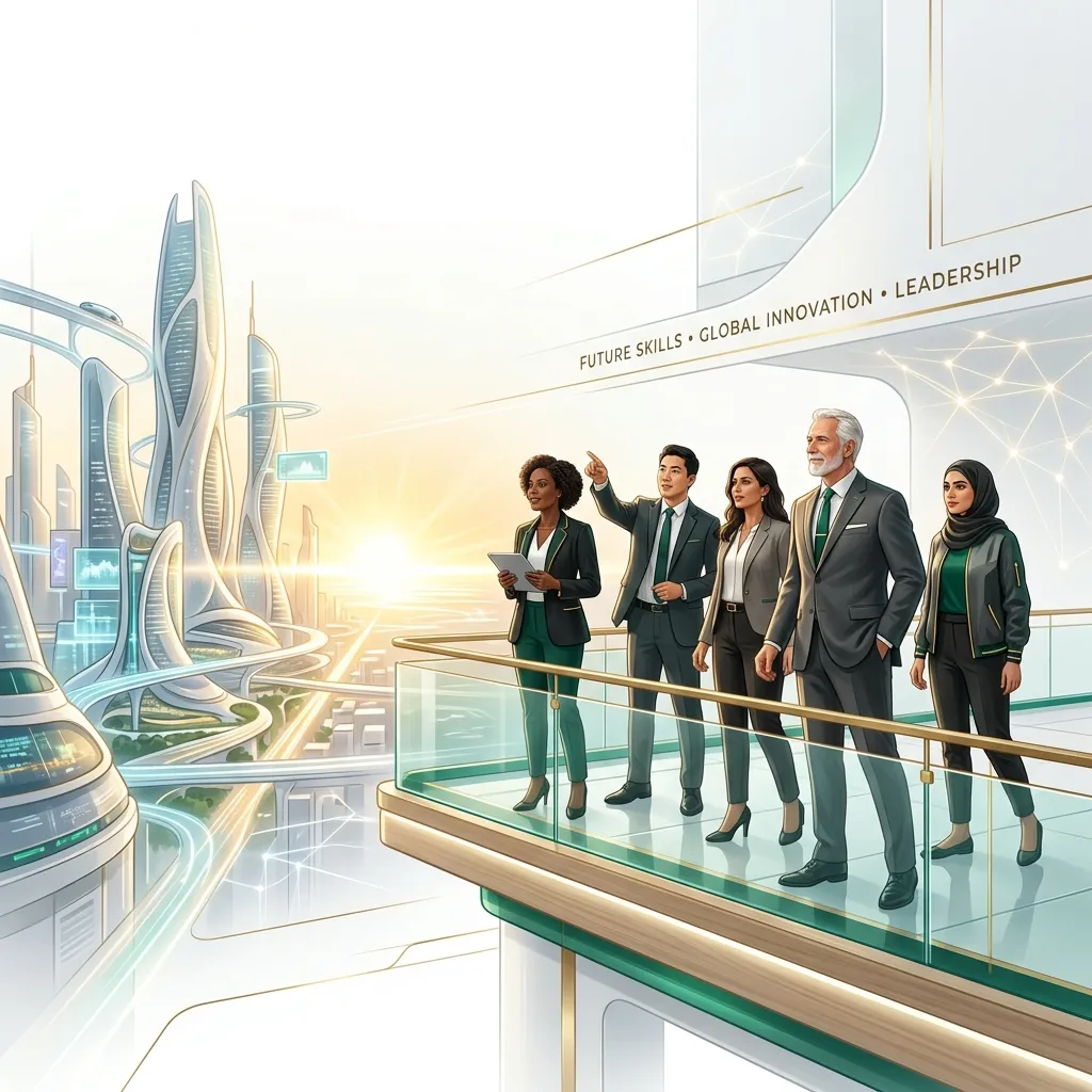 A diverse group of professionals looking towards a glowing horizon
