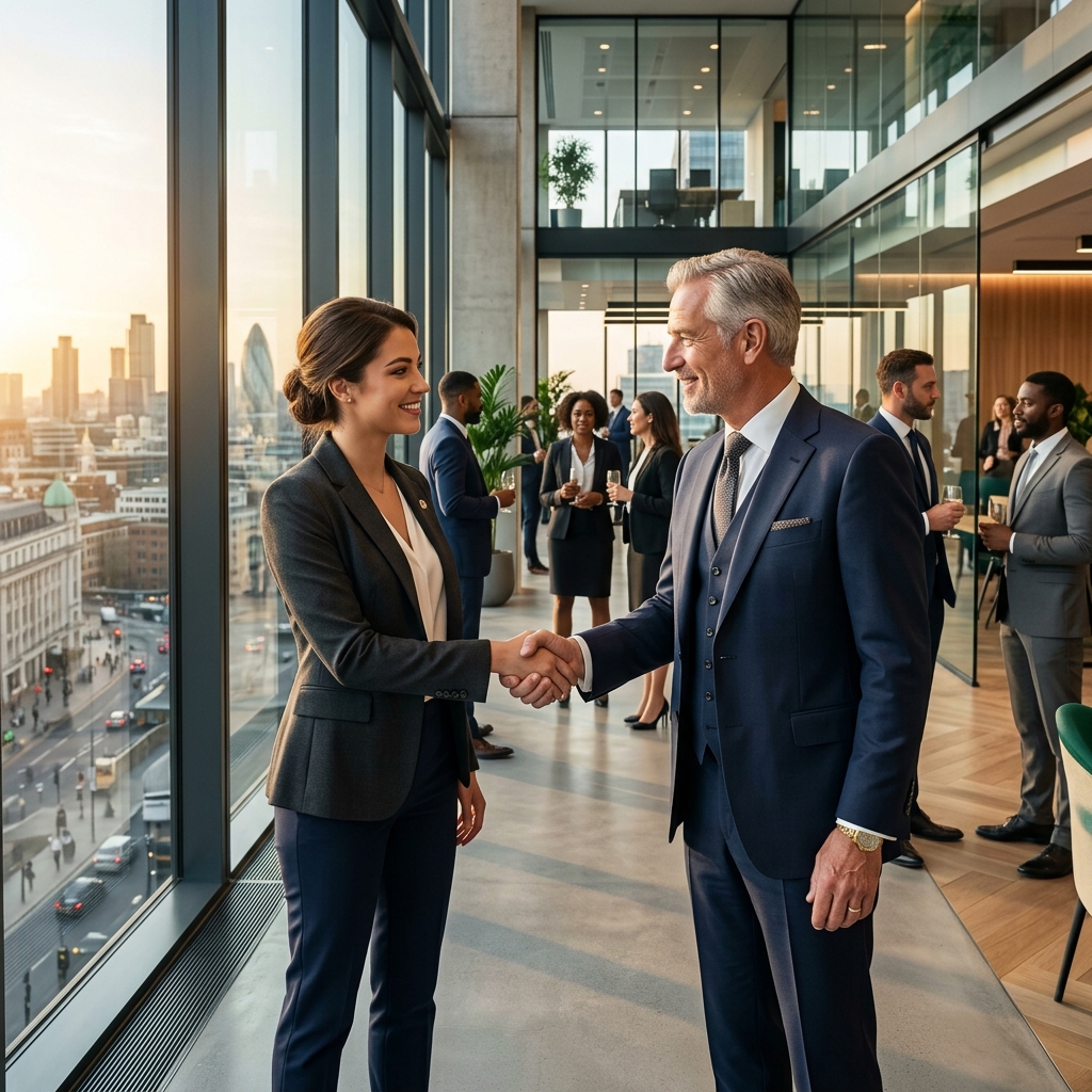 Young professional networking with a senior executive in a global corporate office