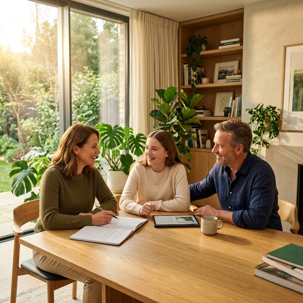 Modern family engaged in supportive conversation and learning together