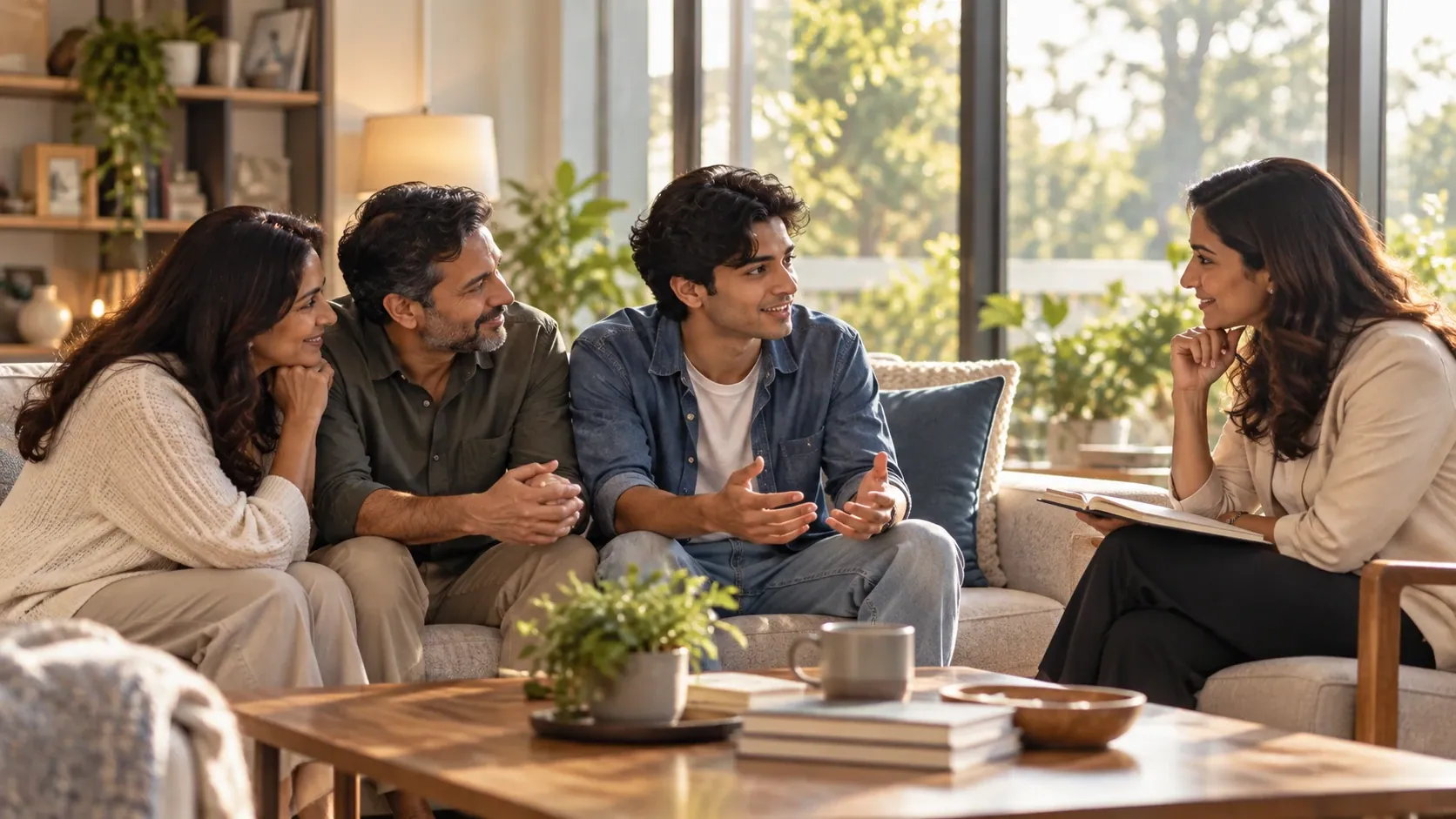 Illustration: parents and their son talking with a counsellor in a bright living room