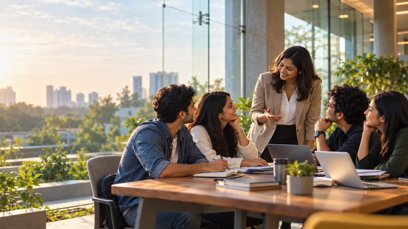 Illustration: a mentor speaking with four young people around a table on a sunlit campus terrace